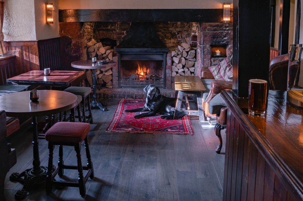 A dog in front of a fire in a pub 